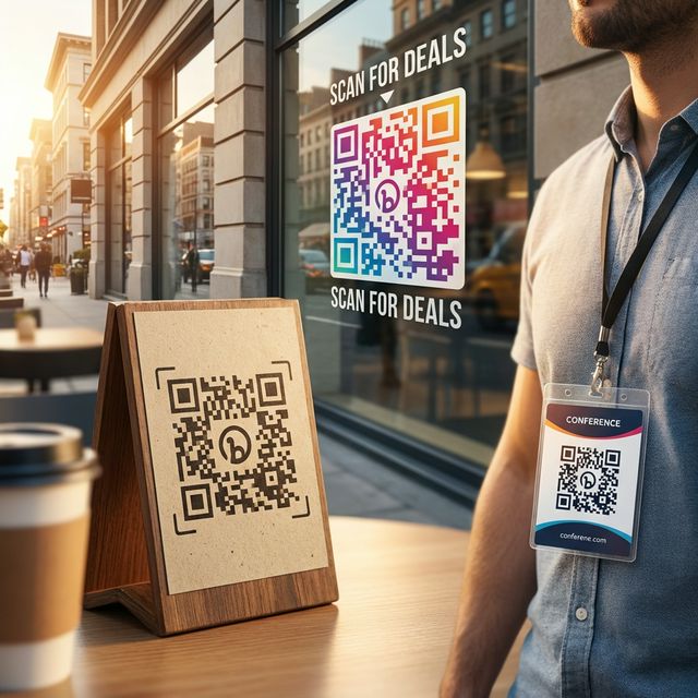 QR-коды на витрине кафе, настольной стойке и бейдже